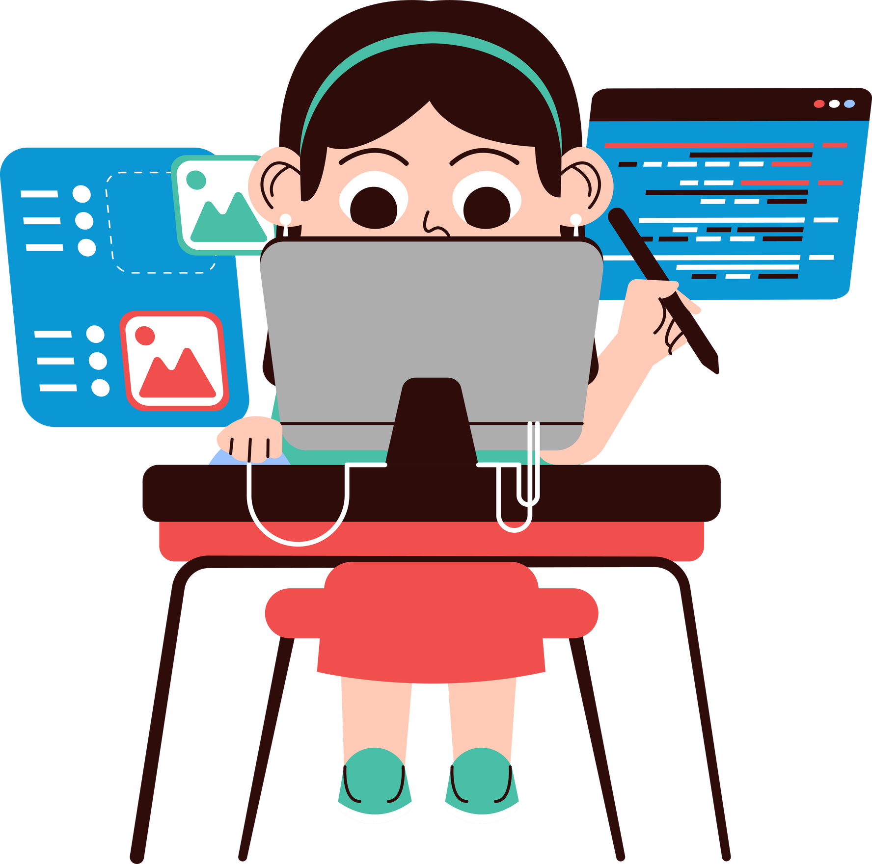 Girl Coding & Designing With PC Illustration